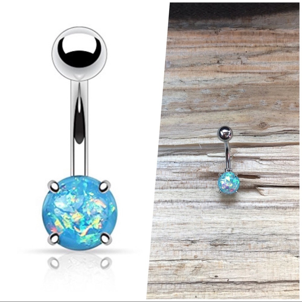 Blue Opal‎ Silver Belly Button Ring